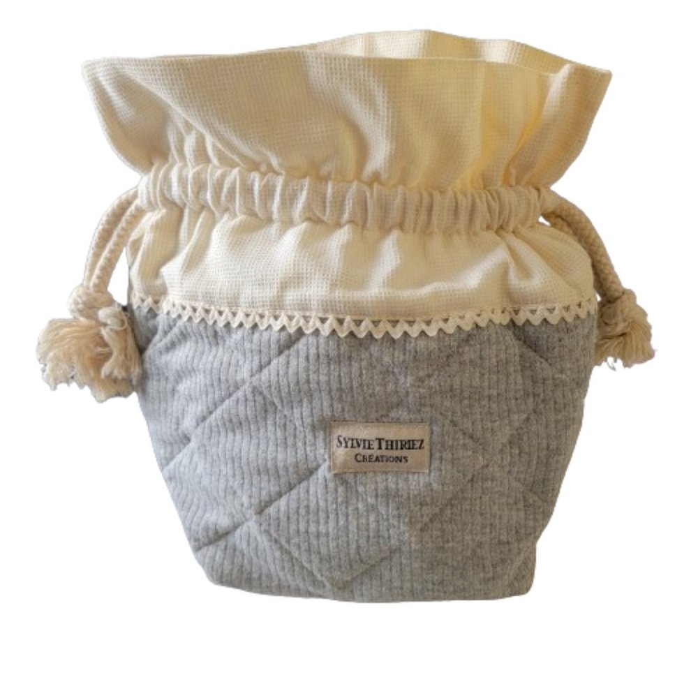 Sylvie Thiriez Creations Two‑Tone Drawstring Tote Bag Rope Pull Grey Beige OS - Picture 2 of 15